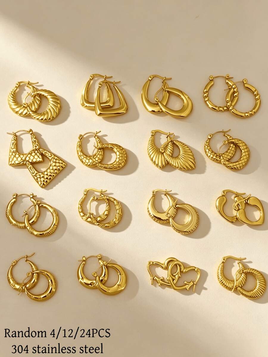 12對高品質304不鏽鋼鍍金戒指與耳環，低過敏、抗氧化、耐褪色。多款設計包含雙層、正方形、扭轉、紋理與鏈條款式。輕量復古極簡設計，適合女性日常配戴、派對與特殊場合，亦適用於敏感肌膚。