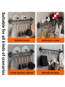 Drill-Free/Drillable Kitchen Hanging Hook Rack, Wall-Mounted Cookware Hanging Rack, Suitable For Pots, Spatulas And More, Space-Saving Kitchen Storage Organizer, Won't Damage Walls, Easy Installation, Saves Kitchen Space - Black - View 9