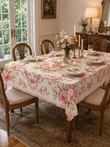 1 pieza Mantel rectangular con lazo de peonía rosa, mantel de mesa de comedor rectangular de poliéster con borde floral de estilo francés vintage, decoración de mesa con cinta de rosa romántica para boda, fiesta de té, cocina del hogar - D - Ver 2
