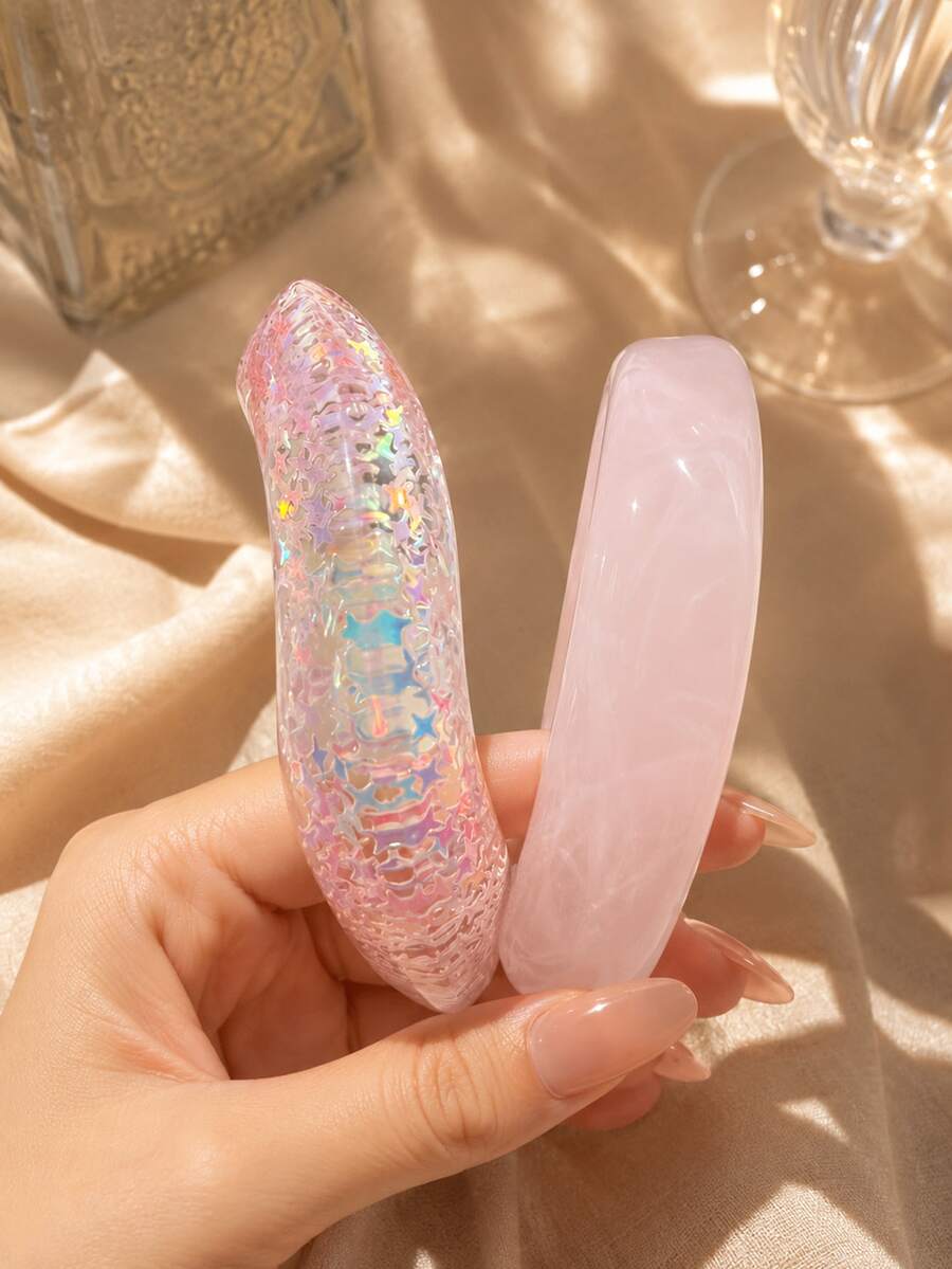 2pcs Pink Resin Bracelet Set, Suitable For Women, Y2K Cute Fashion Jewelry, Daily Wear, Holiday Gift - Multicolor - View 1