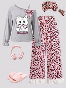 Girls Two Pieces Off Shoulder Bow Long Sleeved Pajamas, Cat Print Top, Heart-Shaped Leopard Print Pants, Spring And Autumn Casual Pajamas - Light Grey - View 5