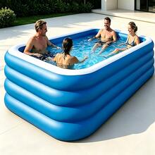 1 pieza Piscina inflable de PVC gruesa gigante, 3 o 4 capas opcionales, tamaño extra grande portátil plegable fácil de montar, piscina de juegos de agua, adecuada para verano en casa, jardín, patio trasero, patio exterior, piscina refrescante, azul y blanco - Multicolor - Ver 11