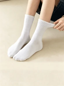 1/5/10/15/20 Pairs Women's All-Season Mid-Calf Socks, Solid Color, Suitable For Daily Wear, Soft And Comfortable, Casual Fleece Style, Back To School Season - White - View 3