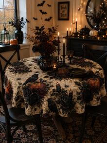 1pc Antique Beige Raven Candle Halloween Tablecloth, Dark Gothic Polyester Round Table Cover With Pumpkins, Black Roses, Moons, Spiderwebs And Dripping Candle Print For Dining Room, Kitchen, Haunted Party And Autumn Home Decor - A - View 2