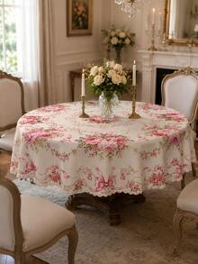 1 pieza Mantel rectangular con lazo de peonía rosa, mantel de mesa de comedor rectangular de poliéster con borde floral de estilo francés vintage, decoración de mesa con cinta de rosa romántica para boda, fiesta de té, cocina del hogar - D - Ver 7