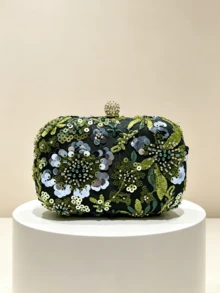 Vintage Dark Green Embroidered Sequin Floral Evening Clutch, Handmade Beaded Floral Hard Box Bag With Sequins Spherical Lock, Vacation Dress Niche Fairy Style Chain Crossbody Small Bag - Dark Green - View 4