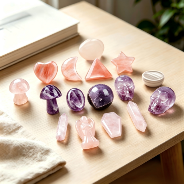 Natural Rose Quartz & Amethyst Carved Stone Set - Heart, Moon, Star, Triangle, Mushroom, Crystal Ball, Skull, Angel, Double Terminated Point, Coffin - Healing Chakra Meditation Worry Stones, Handmade DIY Beading, Home Aquarium Flower Pot Surface Decor, Raw Stone Ornament