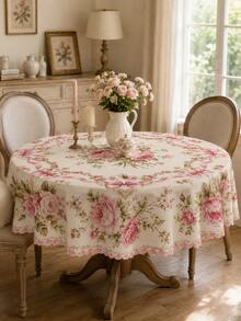 1 pieza Mantel rectangular vintage con flores rosas, cubierta de mesa de comedor de poliéster estilo rococó francés con lazo de rosa, decoración elegante de jardín para fiesta de té, boda y comedor del hogar - H - Ver 6