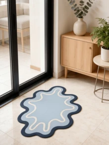 1pc Irregular Blue Background Line Decor Carpet, Velvet Rug, Modern Minimalist Luxury, Indoor Door Mat, Bathroom Mat, Kitchen Mat, Absorbent Quick-Drying, Room Decor, Non-Slip Wear-Resistant, Easy To Clean, Washable, Home Decor, Floor Decoration, Floor Protection - Blue and White - View 3