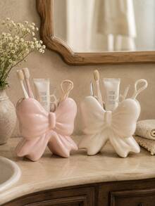 1pc/2pcs Ins Style Girl Big Bow Toothbrush Holder, Glossy Ribbon Design Bathroom Storage Organizer, Pink White Black 3 Colors, Cute Aesthetic Vanity Decor Gift - Multicolor - View 1