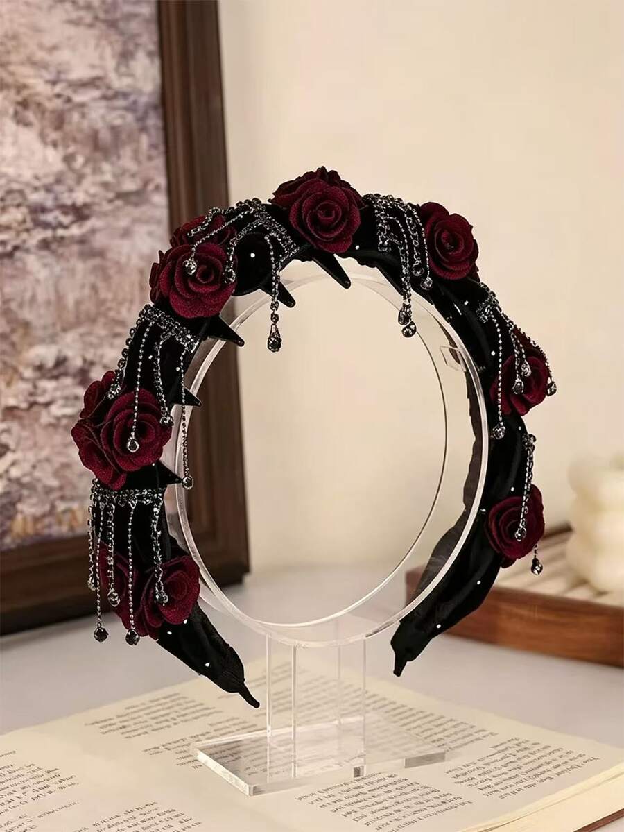 1件 Della Rose 復古宮廷風花卉流蘇髮箍，手工製作修飾臉型髮箍，適合宴會與派對 - 黑色 - 查看 1
