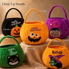 1pc Halloween Trick Or Treat Candy Bag, Velvet Drawstring Gift Bag With Pumpkin, Ghost, Bat, Witch And Skeleton Pattern, Scary Handheld Candy Bag, Suitable For Costume Party, Haunted House Event, Outdoor Holiday, Party Favor, Candy Storage And Decoration - Multicolor - View 7