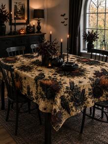 1pc Antique Beige Raven Candle Halloween Tablecloth, Dark Gothic Polyester Round Table Cover With Pumpkins, Black Roses, Moons, Spiderwebs And Dripping Candle Print For Dining Room, Kitchen, Haunted Party And Autumn Home Decor - A - View 7