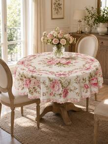 1 pieza Mantel rectangular vintage con flores rosas, cubierta de mesa de comedor de poliéster estilo rococó francés con lazo de rosa, decoración elegante de jardín para fiesta de té, boda y comedor del hogar - H - Ver 5