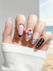 nailrosy 10片手工亚克力压制3D花朵短杏仁形透明彩色假指甲，适合婚礼、生日派对、Y2K风格、可爱法式美甲 - 彩色 - 查看 2