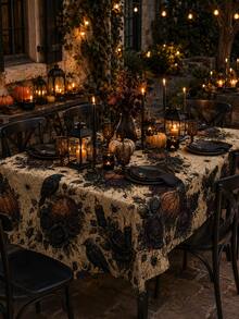 1pc Antique Beige Raven Candle Halloween Tablecloth, Dark Gothic Polyester Round Table Cover With Pumpkins, Black Roses, Moons, Spiderwebs And Dripping Candle Print For Dining Room, Kitchen, Haunted Party And Autumn Home Decor - A - View 8