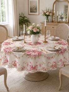 1 pieza Mantel rectangular con lazo de peonía rosa, mantel de mesa de comedor rectangular de poliéster con borde floral de estilo francés vintage, decoración de mesa con cinta de rosa romántica para boda, fiesta de té, cocina del hogar - D - Ver 9