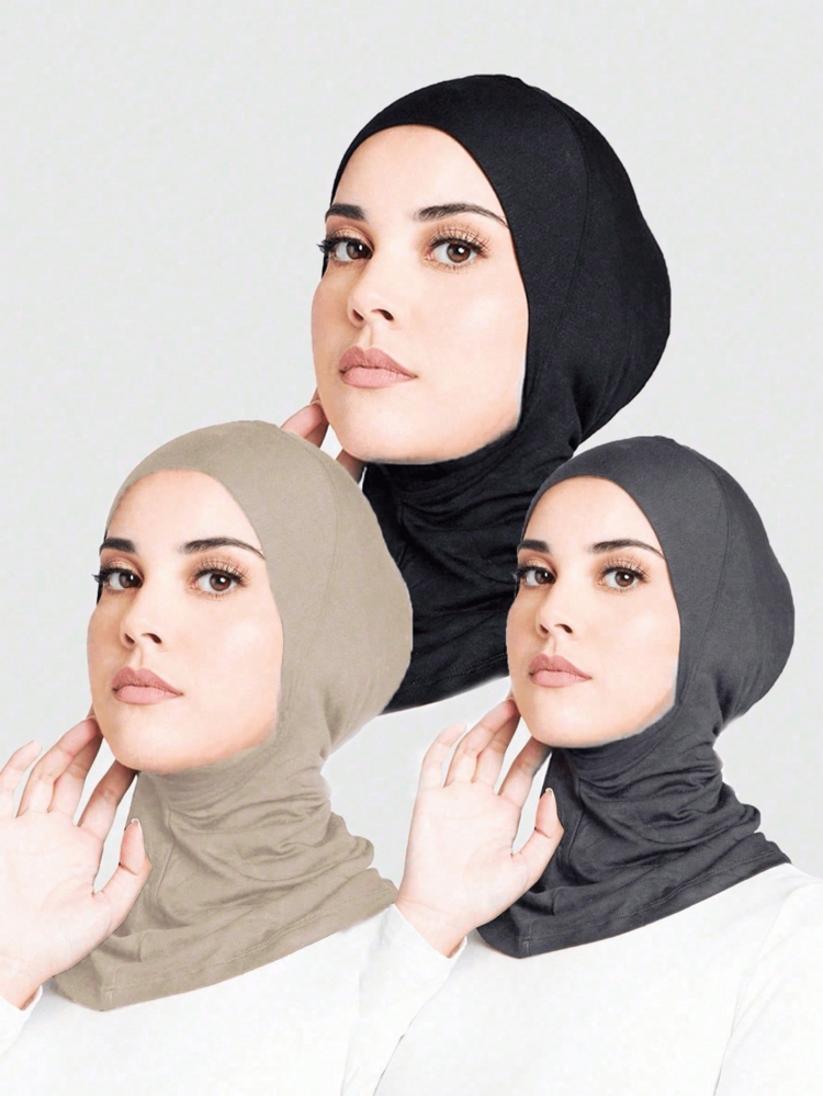 3pcs Women Set Solid Color Elastic Chin Coverage Hat Veil Scarf, Hijab Undershirt Abaya Outfit Suitable For Daily Wear - Multicolor - View 1