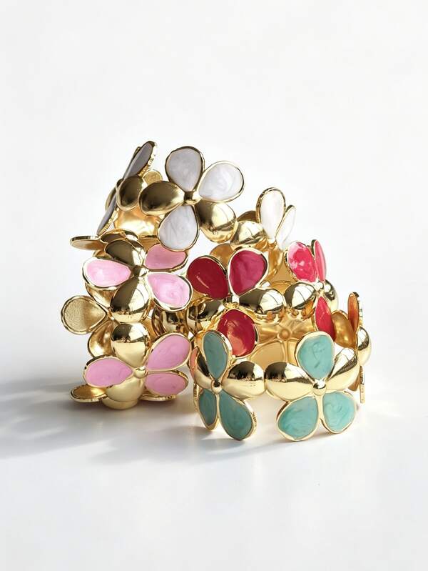 Artsy Marble Enamel Flower Floral Stainless Steel Cuff Bracelet Modern Bangle Aesthetic Segmented Jewelry Sophisticated High-Street Stacking Accessory
