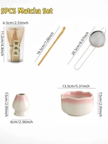 Set Teh Matcha Jepang 1/4/5/7 buah, Termasuk Mangkuk Matcha Keramik, Pengaduk Bambu, Sendok Teh, Saringan Teh, Set Upacara Teh Lengkap, Kemasan Kotak Hadiah - merah muda dan putih - View 6