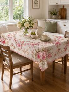1 pieza Mantel rectangular con lazo de peonía rosa, mantel de mesa de comedor rectangular de poliéster con borde floral de estilo francés vintage, decoración de mesa con cinta de rosa romántica para boda, fiesta de té, cocina del hogar - D - Ver 11