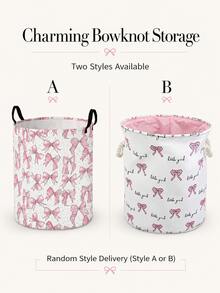 1pc Bowknot Decor Fabric Foldable Storage Basket Laundry Hamper - White - View 2
