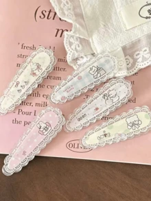5 piezas de pinzas para el cabello con borde de encaje con diseño de oso y conejo de dibujos animados, pinzas laterales de estilo dulce Lolita - Multicolor - View 4