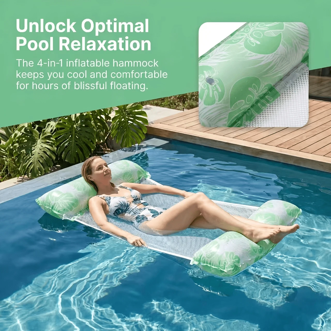Hamac gonflable multifonction 4-en-1, convient aux adultes pour la piscine, la plage et les activités nautiques, lit flottant de piscine multifonction en PVC, fonction chaise longue et radeau, idéal pour les voyages et la piscine à domicile - Monstera - Voir 1