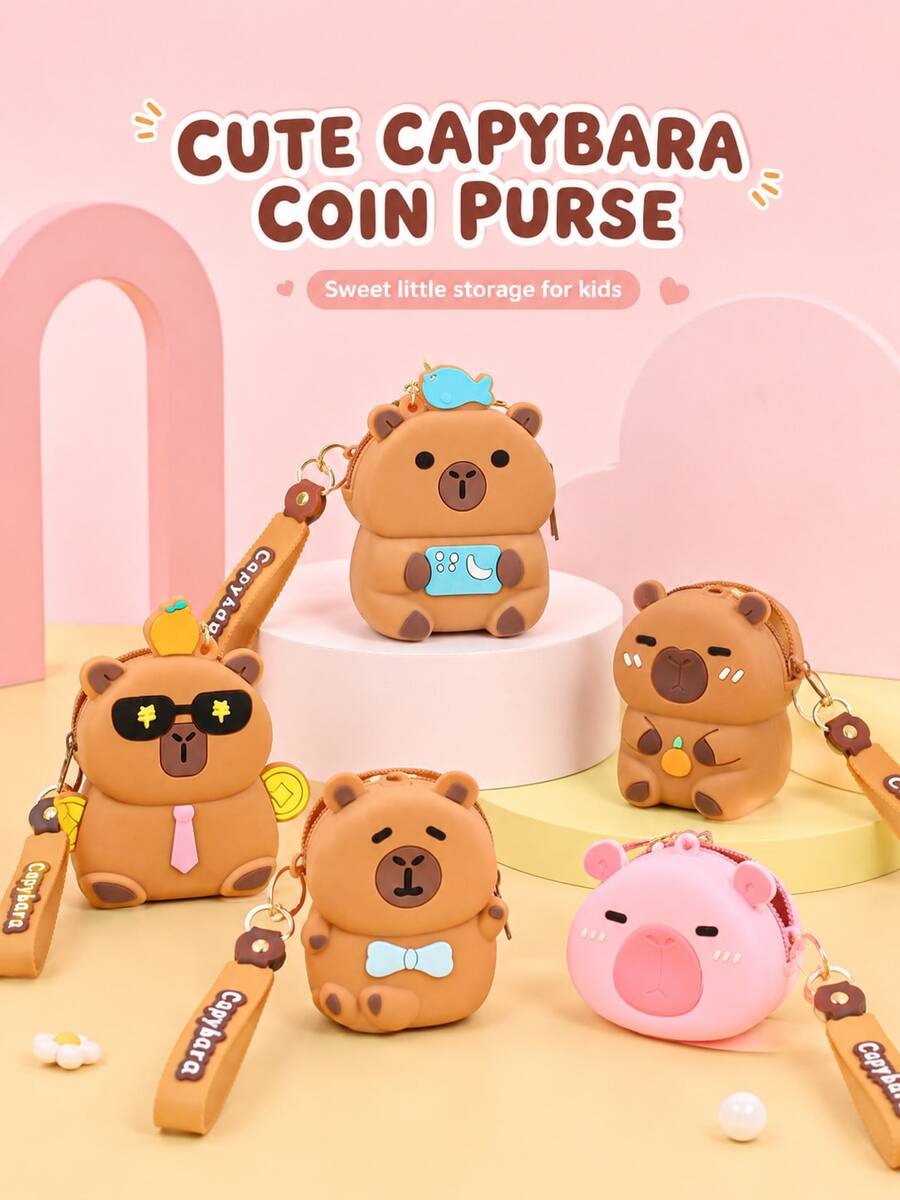 XD 1pc Mini Capybara Shaped Coin Purse With Keychain - Silicone Material, Multi-Functional Zipper Lipstick Storage Bag, Cute Cartoon Design, Suitable For Girls, Can Be Used As Coin Purse, Student Backpack Decoration, Mini Bag Charm, Unique Phone Accessory, Also Suitable For Women's Wallet And Phone Accessory, Can Be Given As Gift To Friends, Party Accessory, Car Pendant Or Children's Gift. - Multicolor - View 1