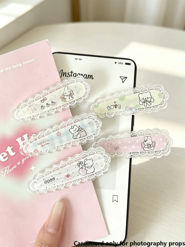 5pcs Lace Trim Cartoon Bear & Rabbit Hair Clips, Sweet Lolita Style Side Hair Clips