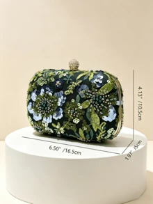 Vintage Dark Green Embroidered Sequin Floral Evening Clutch, Handmade Beaded Floral Hard Box Bag With Sequins Spherical Lock, Vacation Dress Niche Fairy Style Chain Crossbody Small Bag - Dark Green - View 2