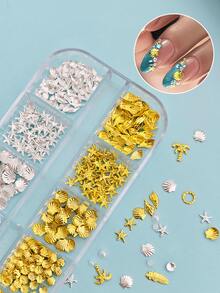 12 Grids 3D Ocean-Inspired Nail Art Charms Set (Alloy Shell, Abalone, Seahorse, Starfish, Conch, Faux Pearl & Caviar Beads), Multi-Style Rhinestone Nail Decorations For DIY Manicure - Multicolor - View 3