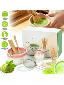 Set Teh Matcha Jepang 1/4/5/7 buah, Termasuk Mangkuk Matcha Keramik, Pengaduk Bambu, Sendok Teh, Saringan Teh, Set Upacara Teh Lengkap, Kemasan Kotak Hadiah - merah muda dan putih - View 2