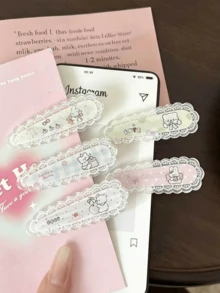5 piezas de pinzas para el cabello con borde de encaje con diseño de oso y conejo de dibujos animados, pinzas laterales de estilo dulce Lolita - Multicolor - View 3