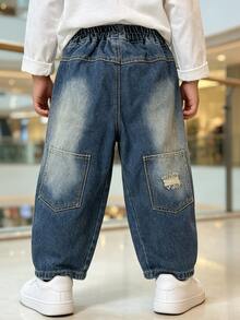 Boys' Toddler Loose Fit Denim Jeans With Back Pocket Embroidery, Autumn Style, Suitable For Back To School, Daily Wear, Outdoor And Home Use - Light Wash - View 2