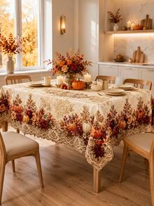 1pc Autumn Pumpkin Maple Leaf Tablecloth, Rustic Farmhouse Polyester Rectangular Table Cover With Fall Leaves And Harvest Pattern, Decorative Dining Tablecloth For Thanksgiving, Family Dinner, Kitchen, Party And Seasonal Home Decor - A - View 5