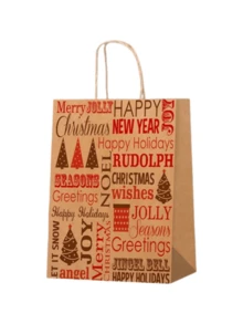 12/24pcs Gold Printed Vintage Kraft Paper Bags, Printed With Gold Reindeer, Snowman, Tree And Holiday Text Patterns. Natural Kraft Paper With Jute Rope Handles And New Year Packaging. - Multicolor - View 5