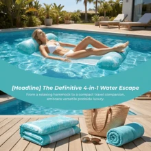 Hamac gonflable multifonction 4-en-1, convient aux adultes pour la piscine, la plage et les activités nautiques, lit flottant de piscine multifonction en PVC, fonction chaise longue et radeau, idéal pour les voyages et la piscine à domicile - Monstera - Voir 2