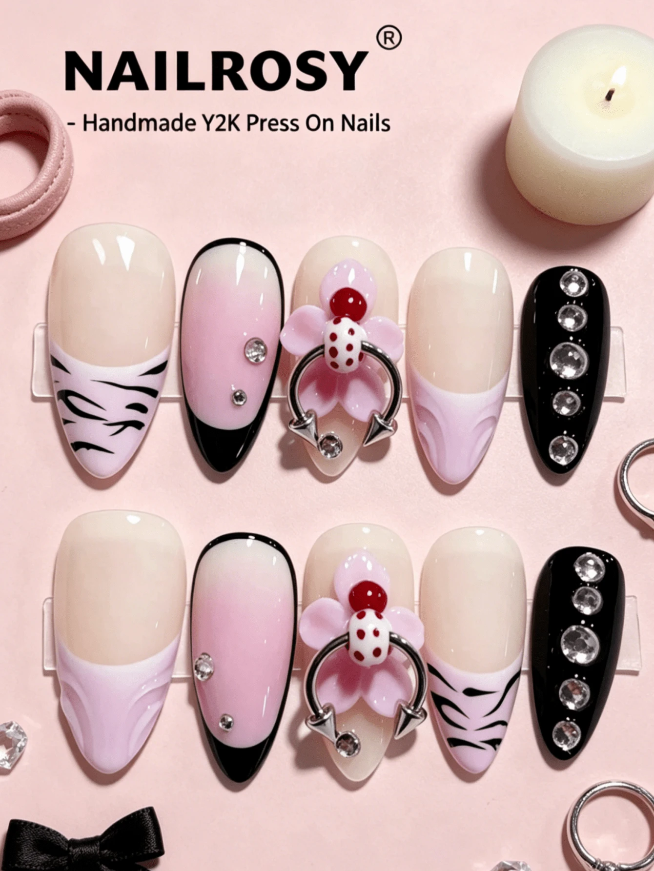 nailrosy 10片手工亚克力压制3D花朵短杏仁形透明彩色假指甲,适合婚礼、生日派对、Y2K风格、可爱法式美甲 - 彩色 - 查看 1
