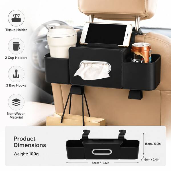 Car Back Seat Organizer, Black Rear Seat Storage Box With Tissue Holder, 2 Cup Holders, Bag Hooks And Phone Slot