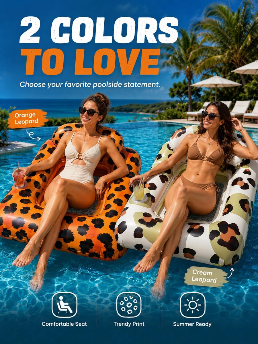 Inflatable Square Pool Float Chair Leopard Print Water Lounge Seat With Mesh Center Durable PVC Air Sofa For Pool Beach Summer Party - A - View 1