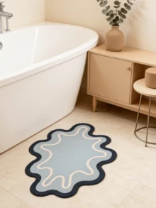 1pc Irregular Blue Background Line Decor Carpet, Velvet Rug, Modern Minimalist Luxury, Indoor Door Mat, Bathroom Mat, Kitchen Mat, Absorbent Quick-Drying, Room Decor, Non-Slip Wear-Resistant, Easy To Clean, Washable, Home Decor, Floor Decoration, Floor Protection - Blue and White - View 2