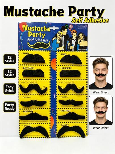 48pcs Self-Adhesive Black Fake Beard Set, 6 Different Designs Realistic Beard Props, Reusable Photo Booth Accessories, Suitable For Halloween, Carnival, Costume Party, Birthday Party Supplies