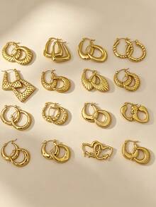 12 Pairs High-Quality 304 Stainless Steel Gold-Plated Rings & Earrings, Hypoallergenic, Anti-Oxidation, Fade-Resistant. Various Styles Including Double Layer, Square, Twisted, Textured And Chain Designs. Lightweight Vintage Minimalist Design, Suitable For Women's Daily Wear, Parties And Special Occasions. Also Suitable For Sensitive Skin. - Multicolor - View 4