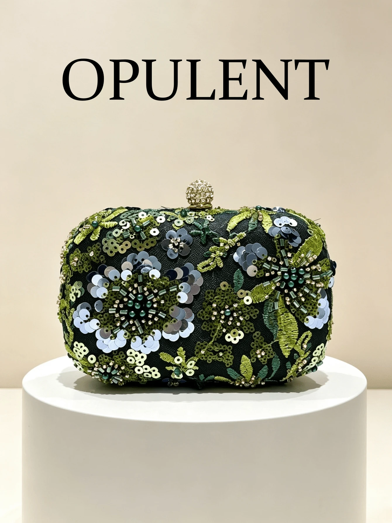 Vintage Dark Green Embroidered Sequin Floral Evening Clutch, Handmade Beaded Floral Hard Box Bag With Sequins Spherical Lock, Vacation Dress Niche Fairy Style Chain Crossbody Small Bag - Dark Green - View 1