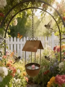 Vintage Rusty Metal Hanging Bird Bath With Canopy, Outdoor Garden Tree-Mounted Wild Bird Water Basin, Durable Retro Garden Decor, Attracts Wild Birds - A - View 3