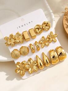 6pcs/18pcs Gold Fashion Women's Earring Set, Including Left And Right Ear Flowers, Five-Petal Flowers, Teardrop, Heart And Small C-Shape Designs, Fashionable And Elegant Style, Suitable For Daily Wear, Gatherings And Parties. Perfect Gift For Girlfriend, Mother. - Gold - View 2