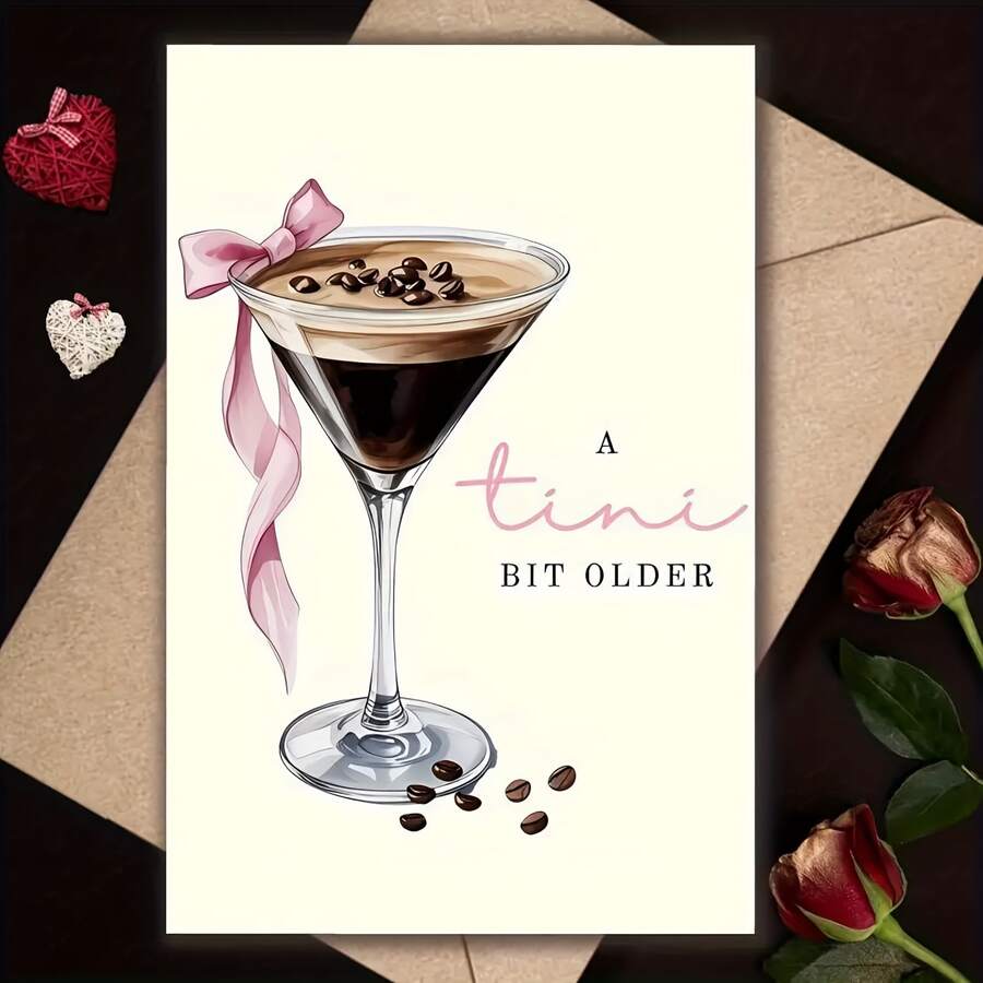 1套趣味咖啡馬丁尼生日卡附信封-「A Little Too Big」設計,咖啡豆與奶油圖案,適合送給朋友與家人的生日派對禮物 - 查看 1