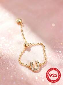 1pc S925 Sterling Silver Full Rhinestone Horseshoe Pull Chain Adjustable Ring, Luxury Personalized Elegant Niche Exquisite Fashion Cool High-End Versatile Ins Geometric U-Shaped Index Finger Link Ring, Japanese Party Gift - U-shaped - View 9