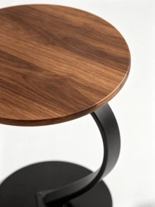 1pc C-Shaped Curved Round Side Table With Waterproof Walnut Wood Tabletop, Storage Shelf Beside Living Room Sofas, Minimalist Bedside Small Tea Table - Walnut Color + Black Frame - View 6
